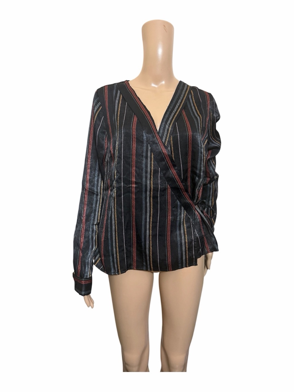 Lumiere Black Striped Wrap-Front Blouse with Multi Colored Pinstripes